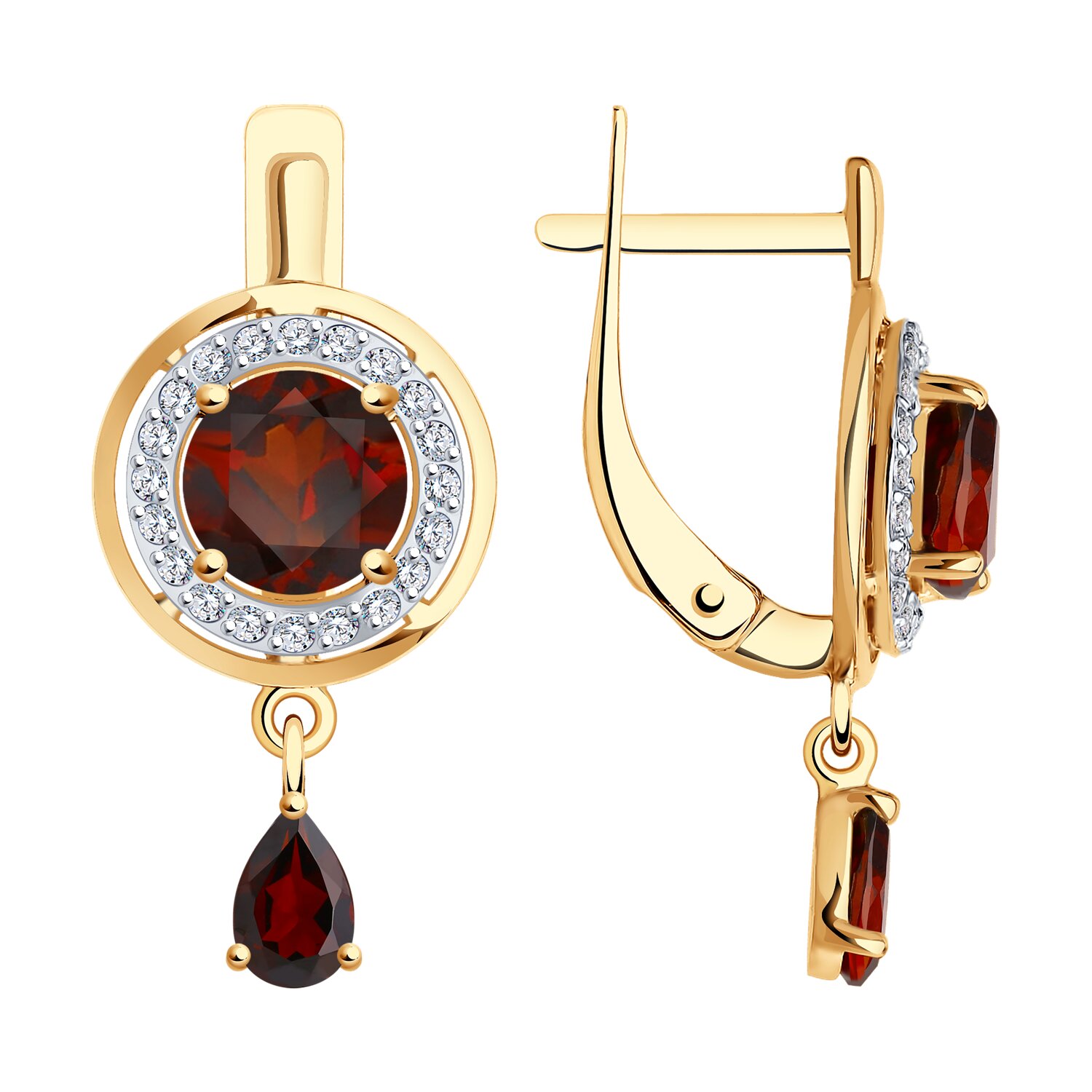 Sokolov gold earrings with garnet and zirconia